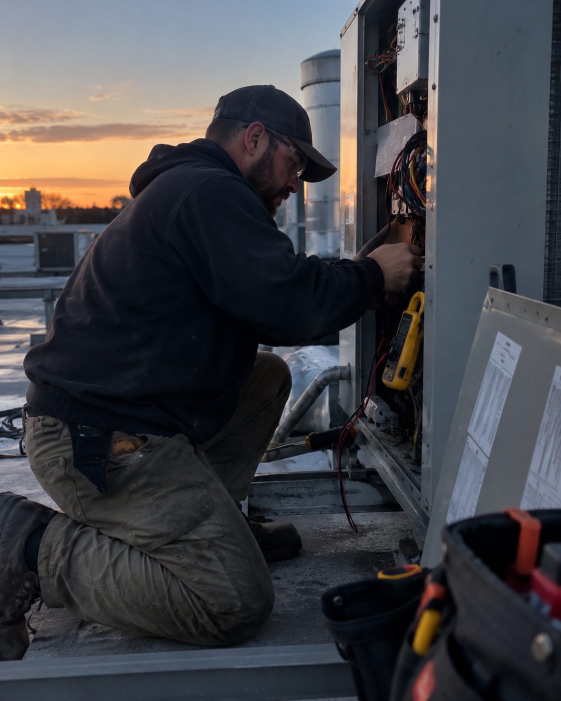HVAC technician repairing a rooftop unit at sunset