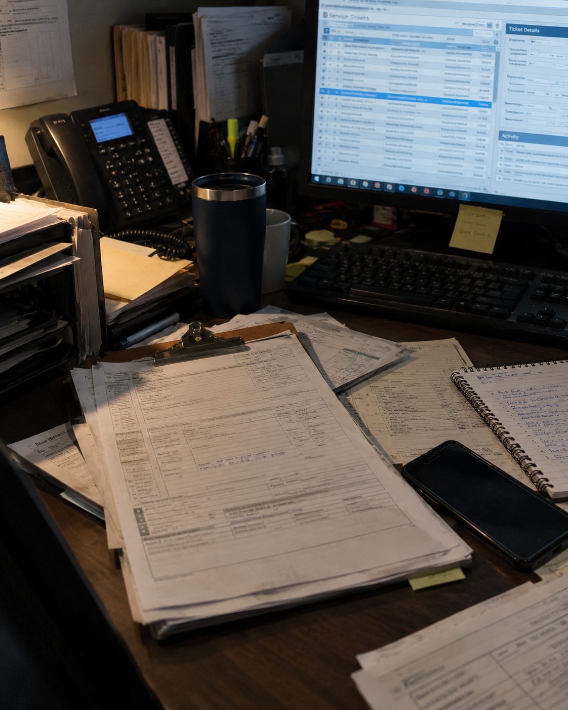 Service tickets and paperwork stacked beside a dispatch screen